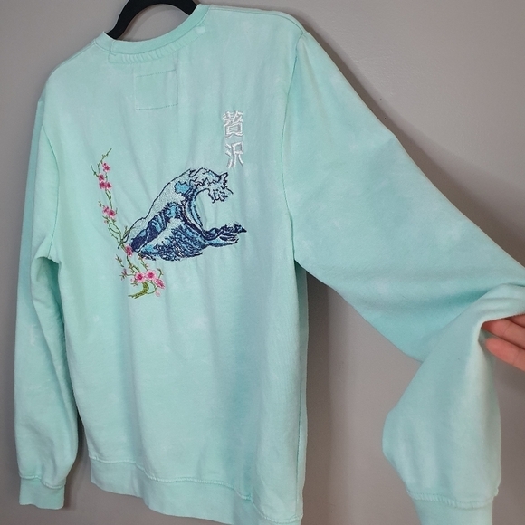 BLIND ROOSTER Embroidered Luxury Ocean‎ Wave Crewneck Sweater Teal Men's Size M - Picture 7 of 11